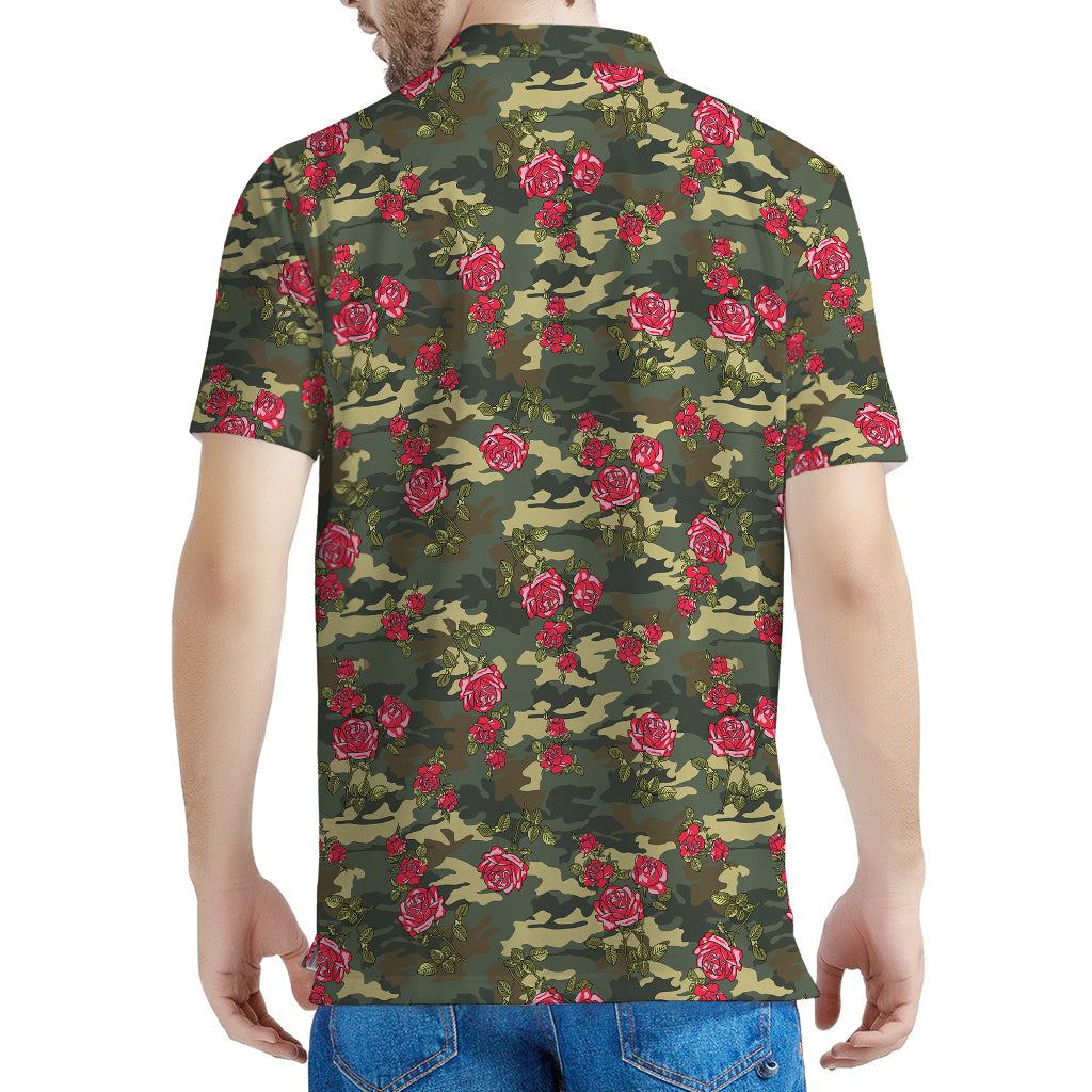 Red Rose Flower Camouflage Print Men's Polo Shirt
