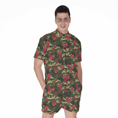 Red Rose Flower Camouflage Print Men's Rompers