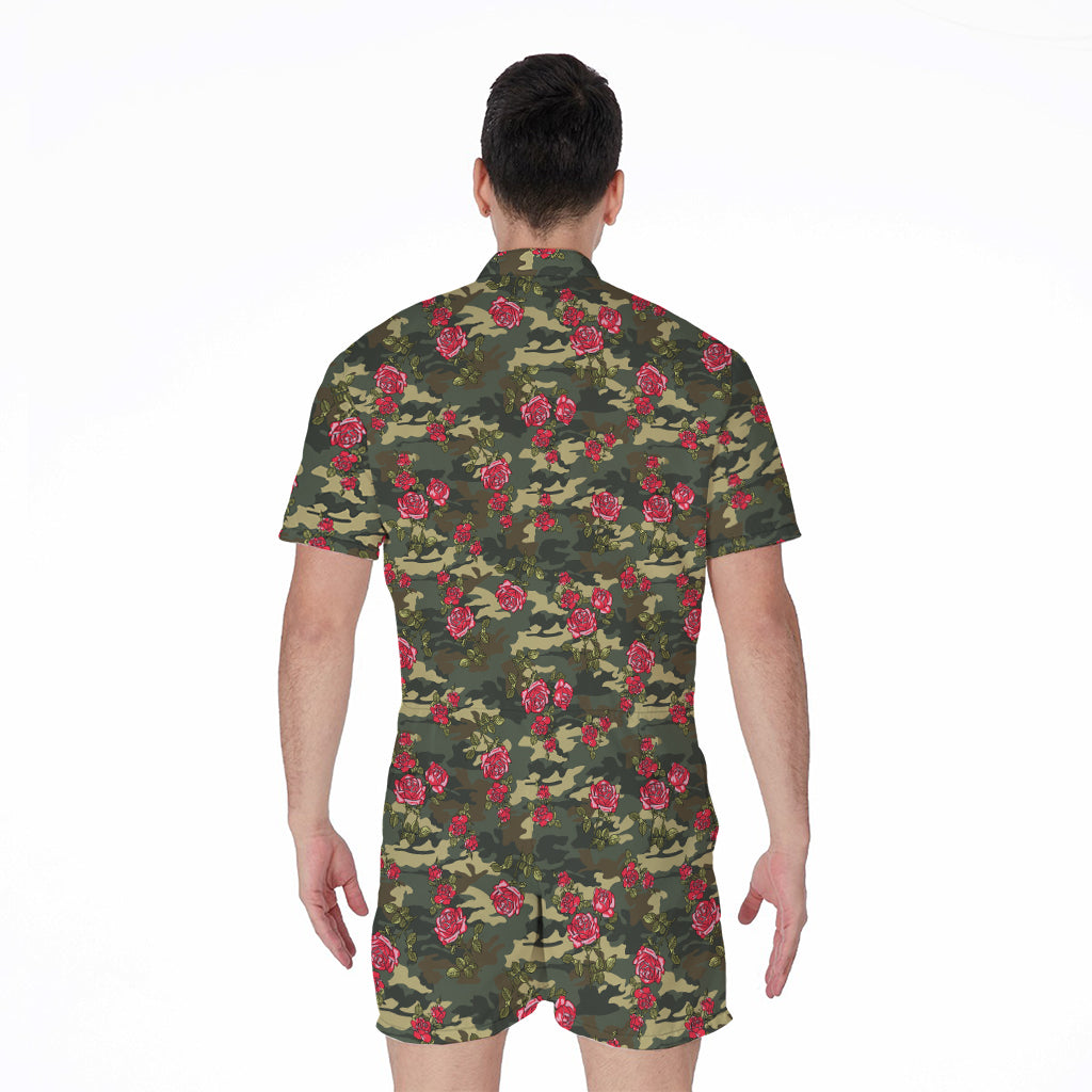 Red Rose Flower Camouflage Print Men's Rompers