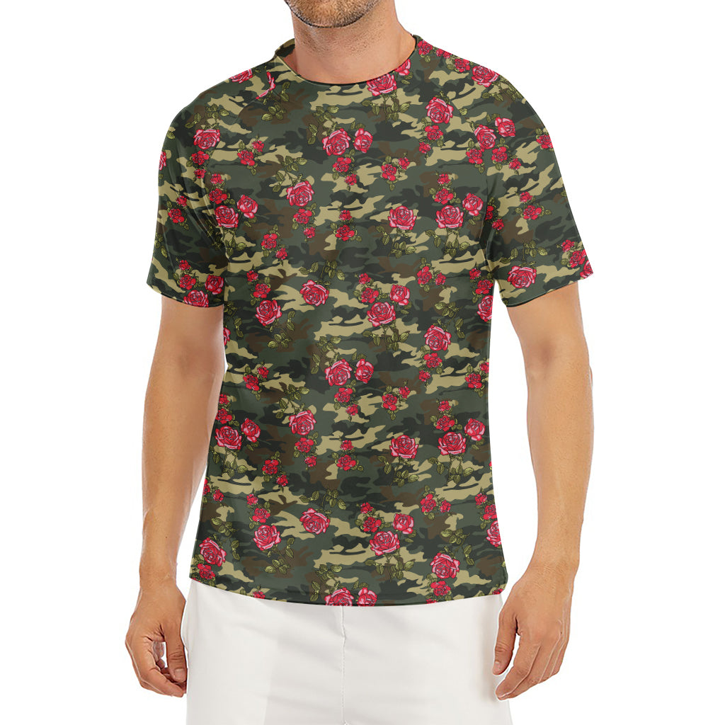 Red Rose Flower Camouflage Print Men's Short Sleeve Rash Guard