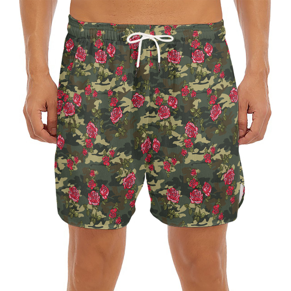 Red Rose Flower Camouflage Print Men's Split Running Shorts