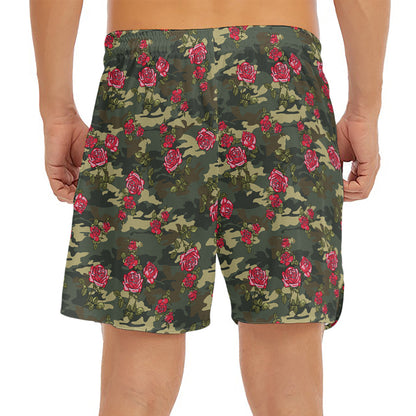 Red Rose Flower Camouflage Print Men's Split Running Shorts