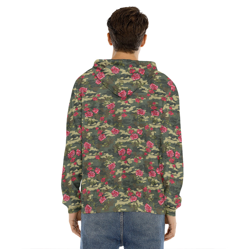 Red Rose Flower Camouflage Print Men's Velvet Pullover Hoodie