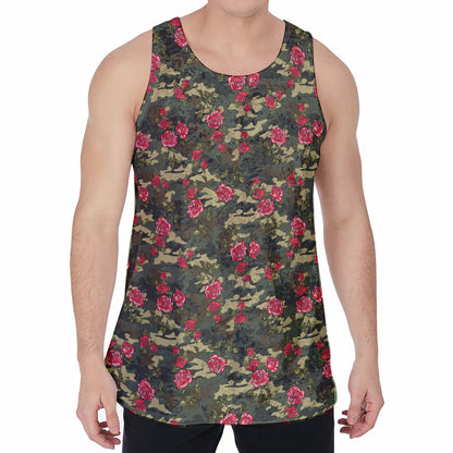 Red Rose Flower Camouflage Print Men's Velvet Tank Top