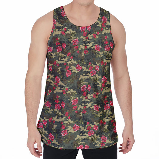 Red Rose Flower Camouflage Print Men's Velvet Tank Top