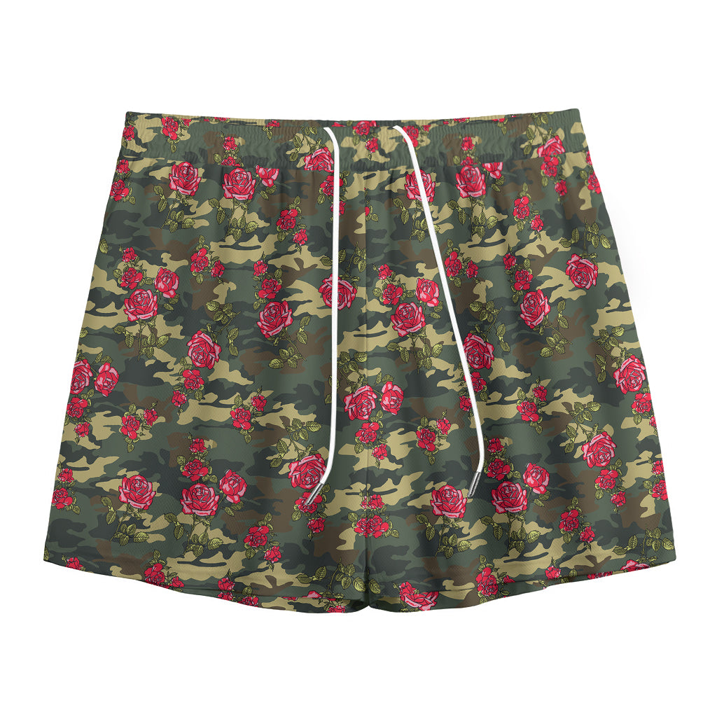 Red Rose Flower Camouflage Print Mesh Shorts