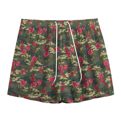 Red Rose Flower Camouflage Print Mesh Shorts