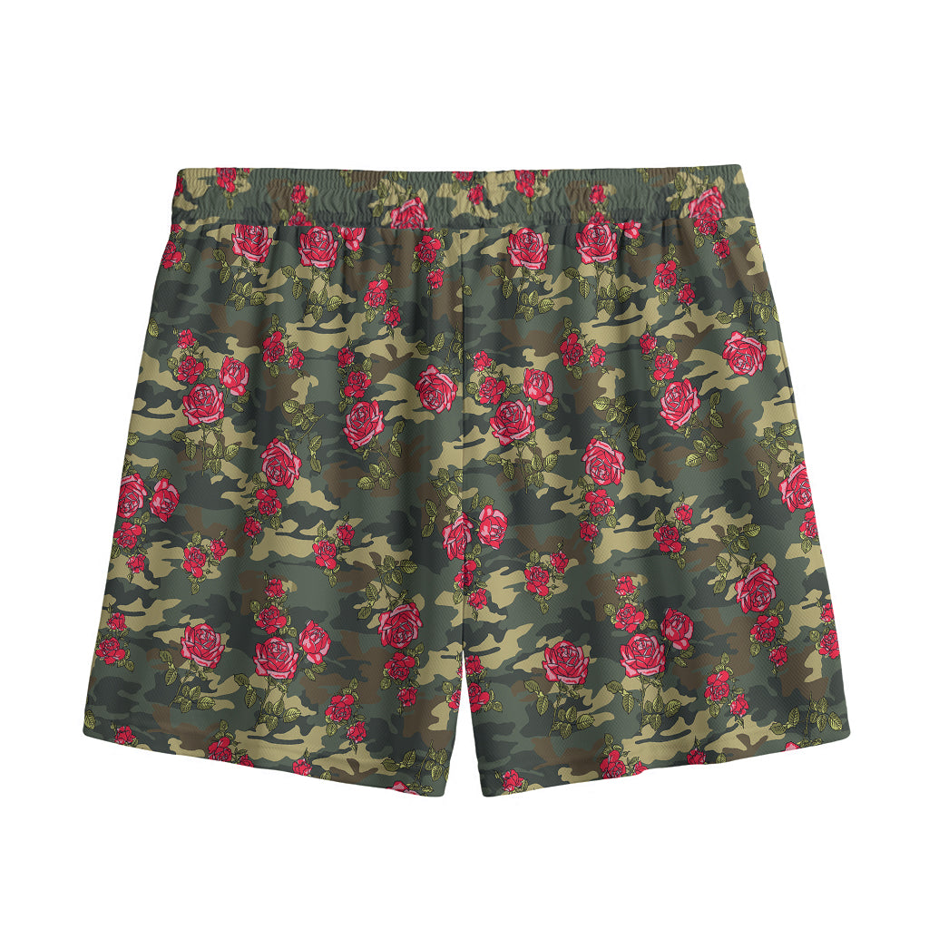Red Rose Flower Camouflage Print Mesh Shorts