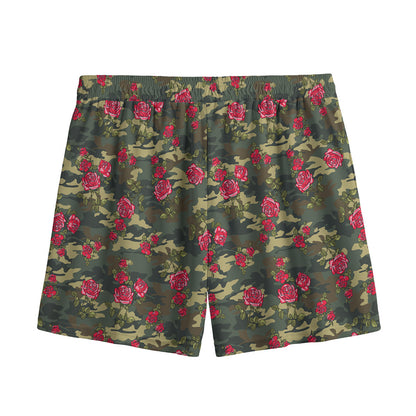 Red Rose Flower Camouflage Print Mesh Shorts