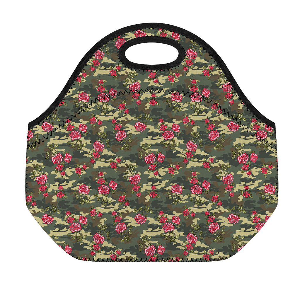 Red Rose Flower Camouflage Print Neoprene Lunch Bag