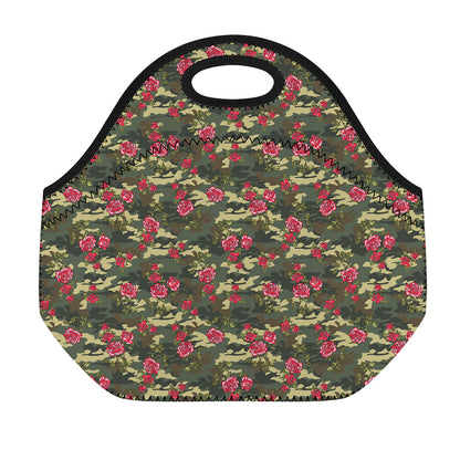 Red Rose Flower Camouflage Print Neoprene Lunch Bag