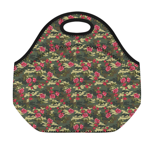 Red Rose Flower Camouflage Print Neoprene Lunch Bag