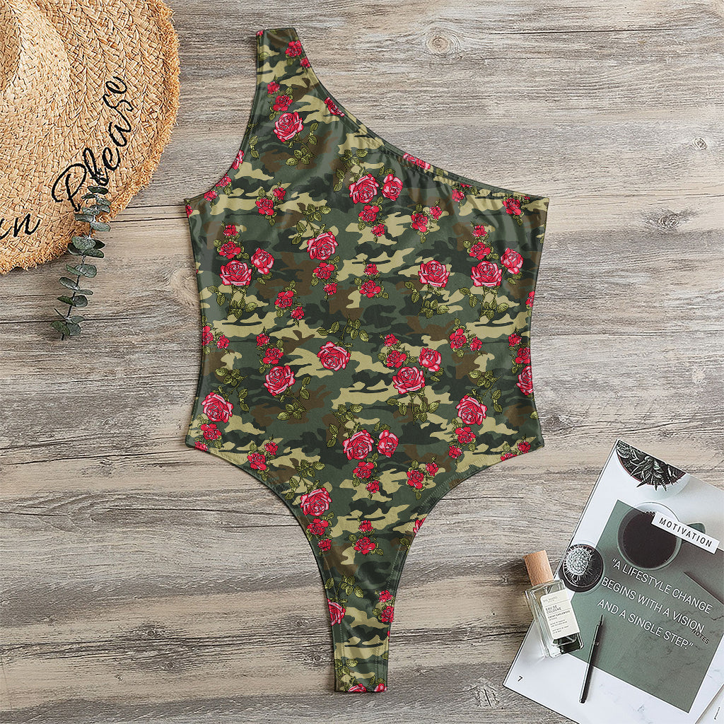 Red Rose Flower Camouflage Print One Shoulder Bodysuit