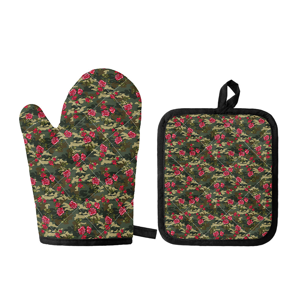 Red Rose Flower Camouflage Print Oven Mitt And Pot Holder Set