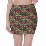 Red Rose Flower Camouflage Print Pencil Mini Skirt