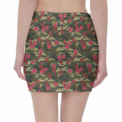 Red Rose Flower Camouflage Print Pencil Mini Skirt