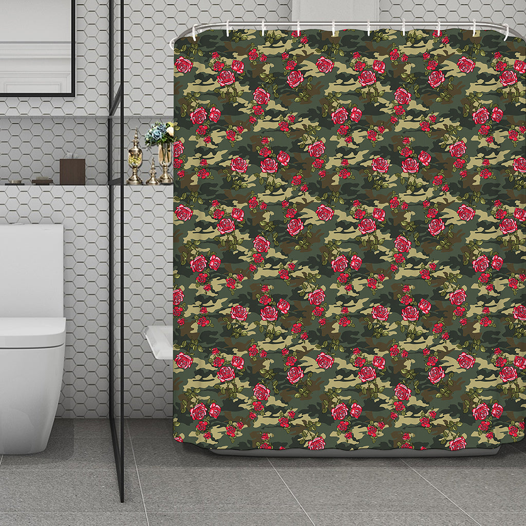 Red Rose Flower Camouflage Print Polyester Shower Curtain