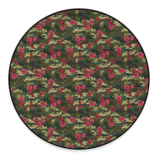 Red Rose Flower Camouflage Print Round Floor Mat