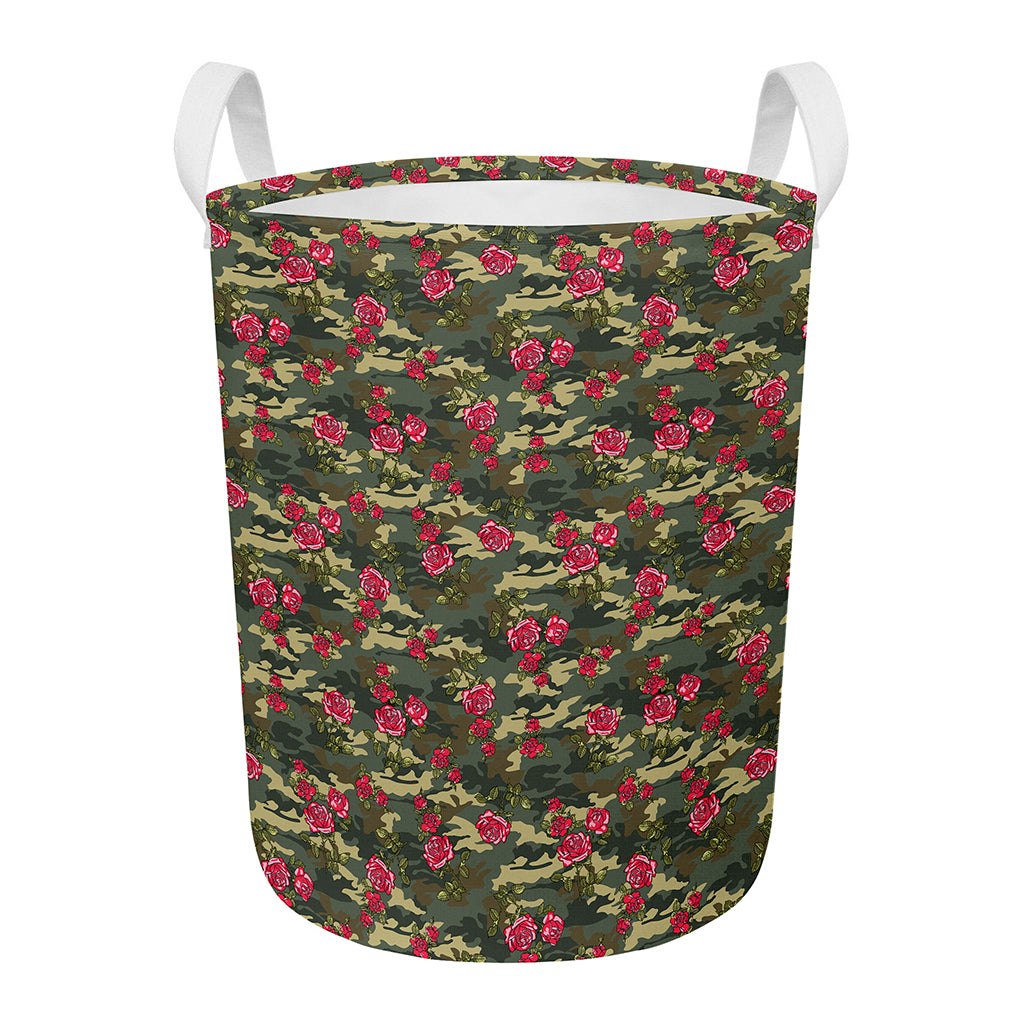 Red Rose Flower Camouflage Print Round Laundry Basket