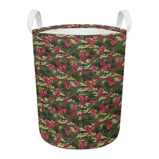 Red Rose Flower Camouflage Print Round Laundry Basket