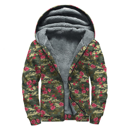 Red Rose Flower Camouflage Print Sherpa Lined Zip Up Hoodie