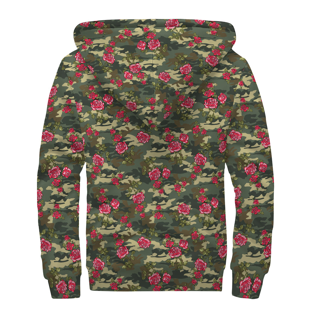 Red Rose Flower Camouflage Print Sherpa Lined Zip Up Hoodie