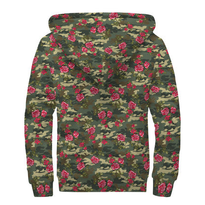 Red Rose Flower Camouflage Print Sherpa Lined Zip Up Hoodie
