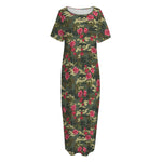 Red Rose Flower Camouflage Print Short Sleeve Long Nightdress