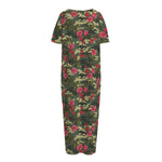 Red Rose Flower Camouflage Print Short Sleeve Long Nightdress