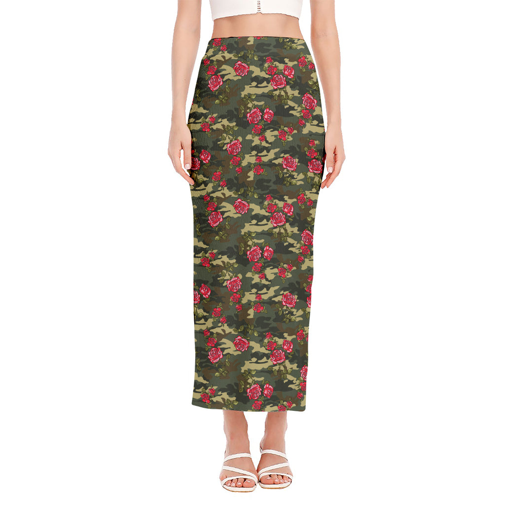 Red Rose Flower Camouflage Print Side Slit Maxi Skirt