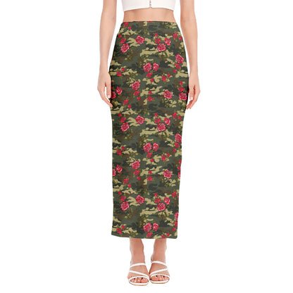 Red Rose Flower Camouflage Print Side Slit Maxi Skirt
