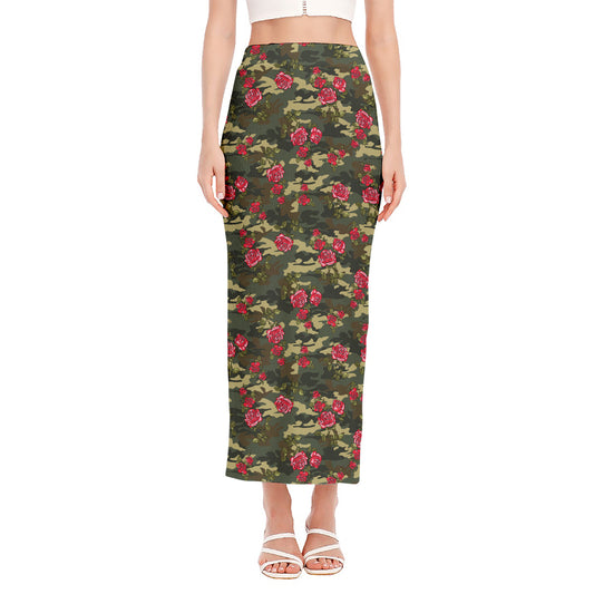 Red Rose Flower Camouflage Print Side Slit Maxi Skirt
