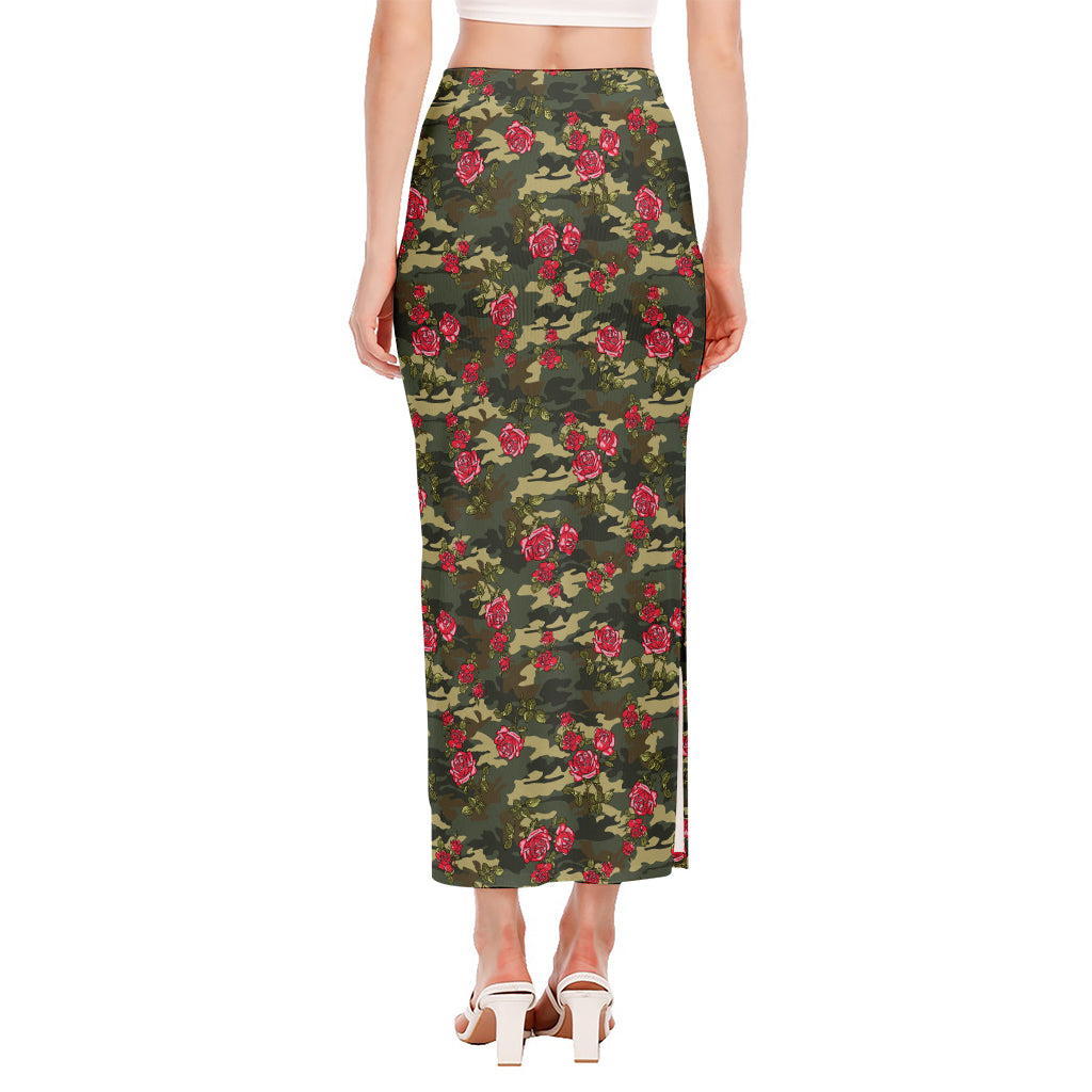 Red Rose Flower Camouflage Print Side Slit Maxi Skirt