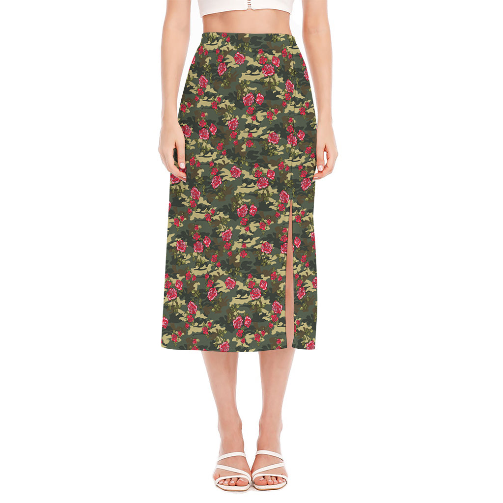 Red Rose Flower Camouflage Print Side Slit Midi Skirt