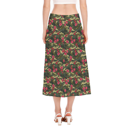 Red Rose Flower Camouflage Print Side Slit Midi Skirt