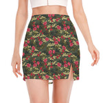 Red Rose Flower Camouflage Print Side Slit Mini Skirt