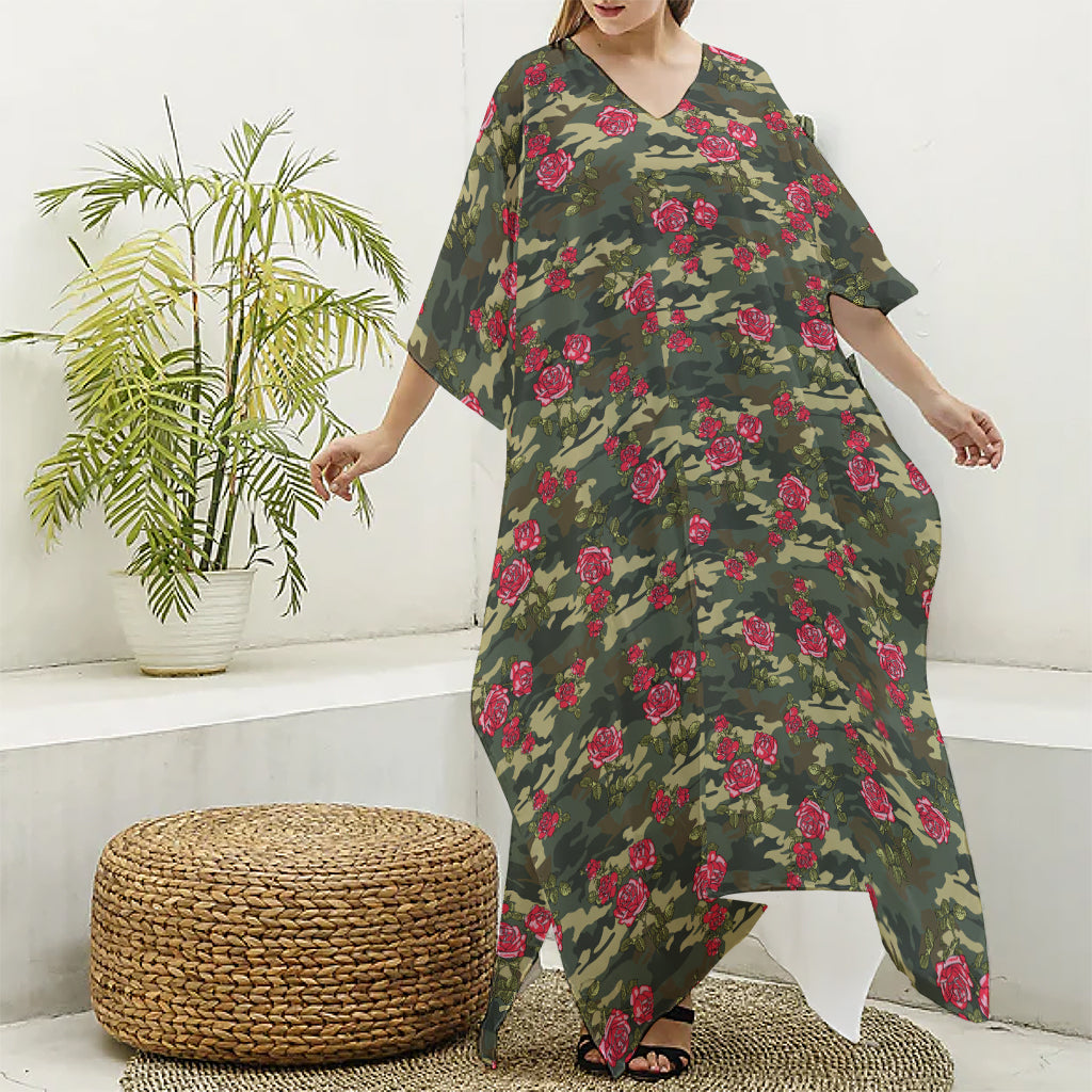 Red Rose Flower Camouflage Print Silk V-Neck Kaftan Dress