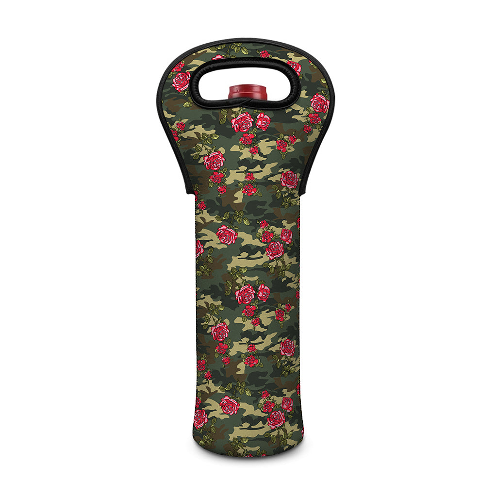 Red Rose Flower Camouflage Print Single Neoprene Wine Tote