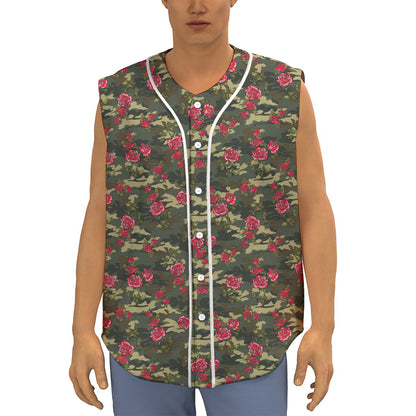 Red Rose Flower Camouflage Print Sleeveless Baseball Jersey