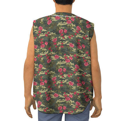 Red Rose Flower Camouflage Print Sleeveless Baseball Jersey