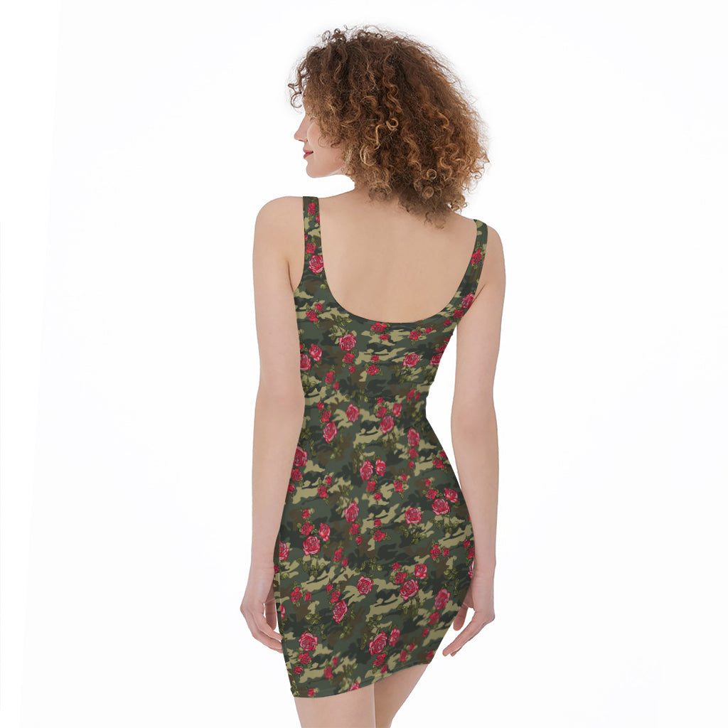 Red Rose Flower Camouflage Print Sleeveless Bodycon Dress