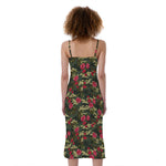 Red Rose Flower Camouflage Print Slim Fit Midi Cami Dress