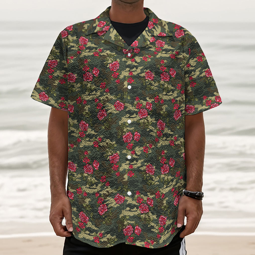 Red Rose Flower Camouflage Print Textured Short Sleeve Shirt