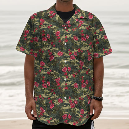 Red Rose Flower Camouflage Print Textured Short Sleeve Shirt