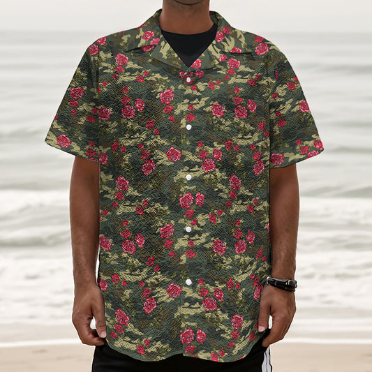 Red Rose Flower Camouflage Print Textured Short Sleeve Shirt