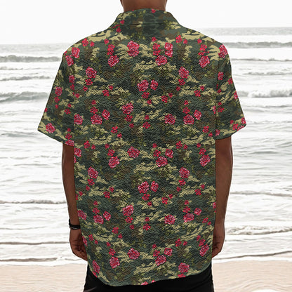 Red Rose Flower Camouflage Print Textured Short Sleeve Shirt