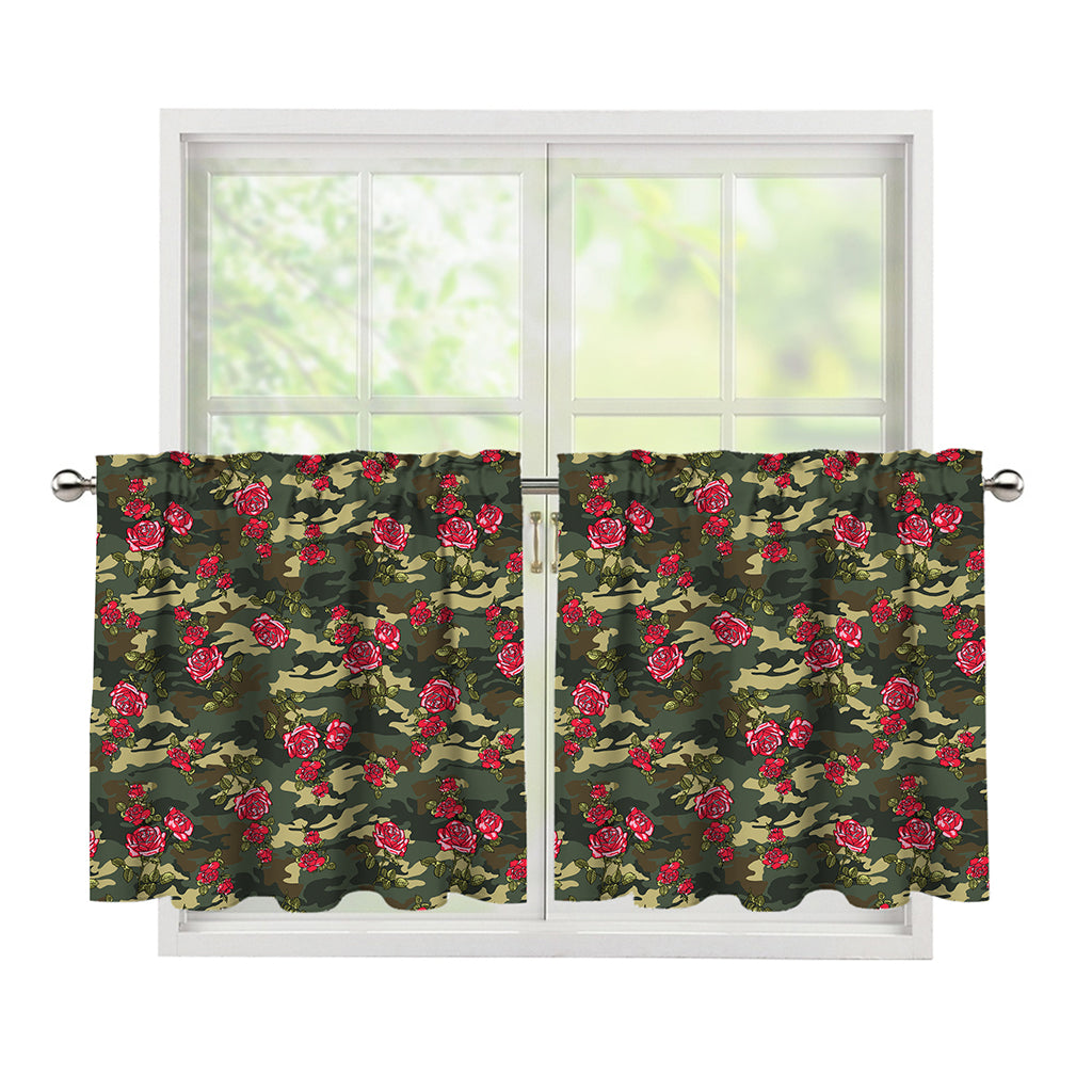 Red Rose Flower Camouflage Print Tier Curtains