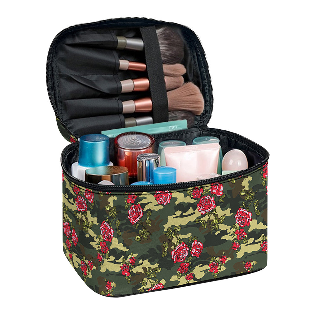 Red Rose Flower Camouflage Print Travel Makeup Bag