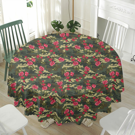 Red Rose Flower Camouflage Print Waterproof Round Tablecloth