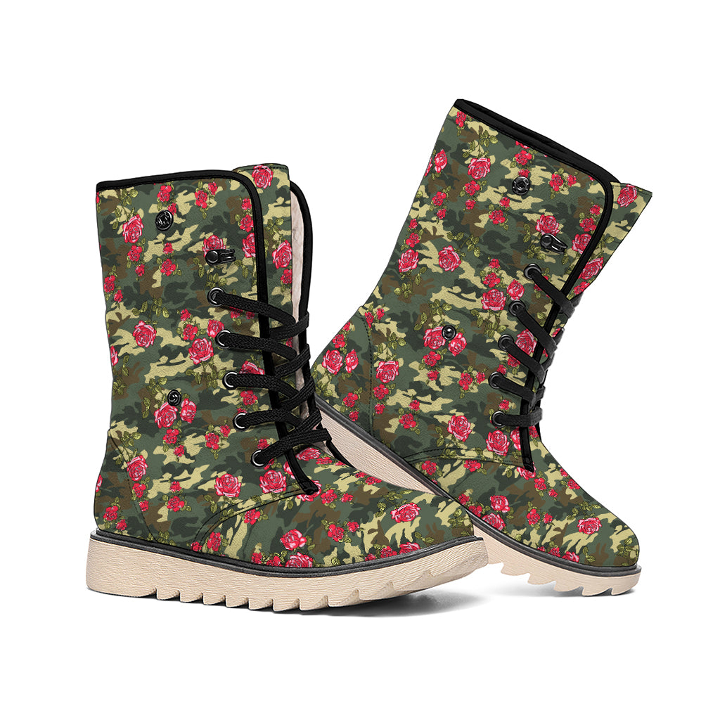 Red Rose Flower Camouflage Print Winter Boots